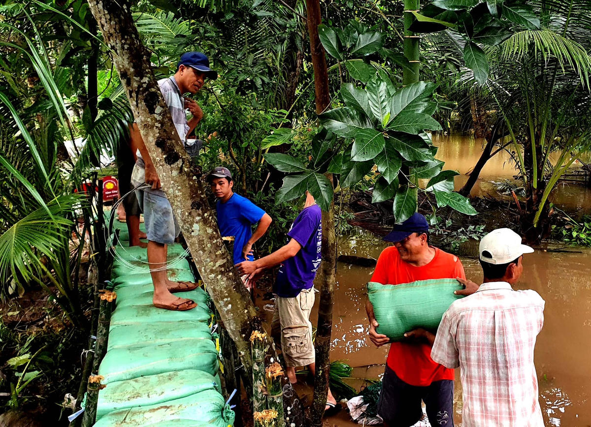 Lực lượng quân sự hỗ trợ người dân gia cố đê bao KV 3 Sông Hậu - Cồn Khương ứng phó với triều cường lên cao. (Ảnh Minh Trung).