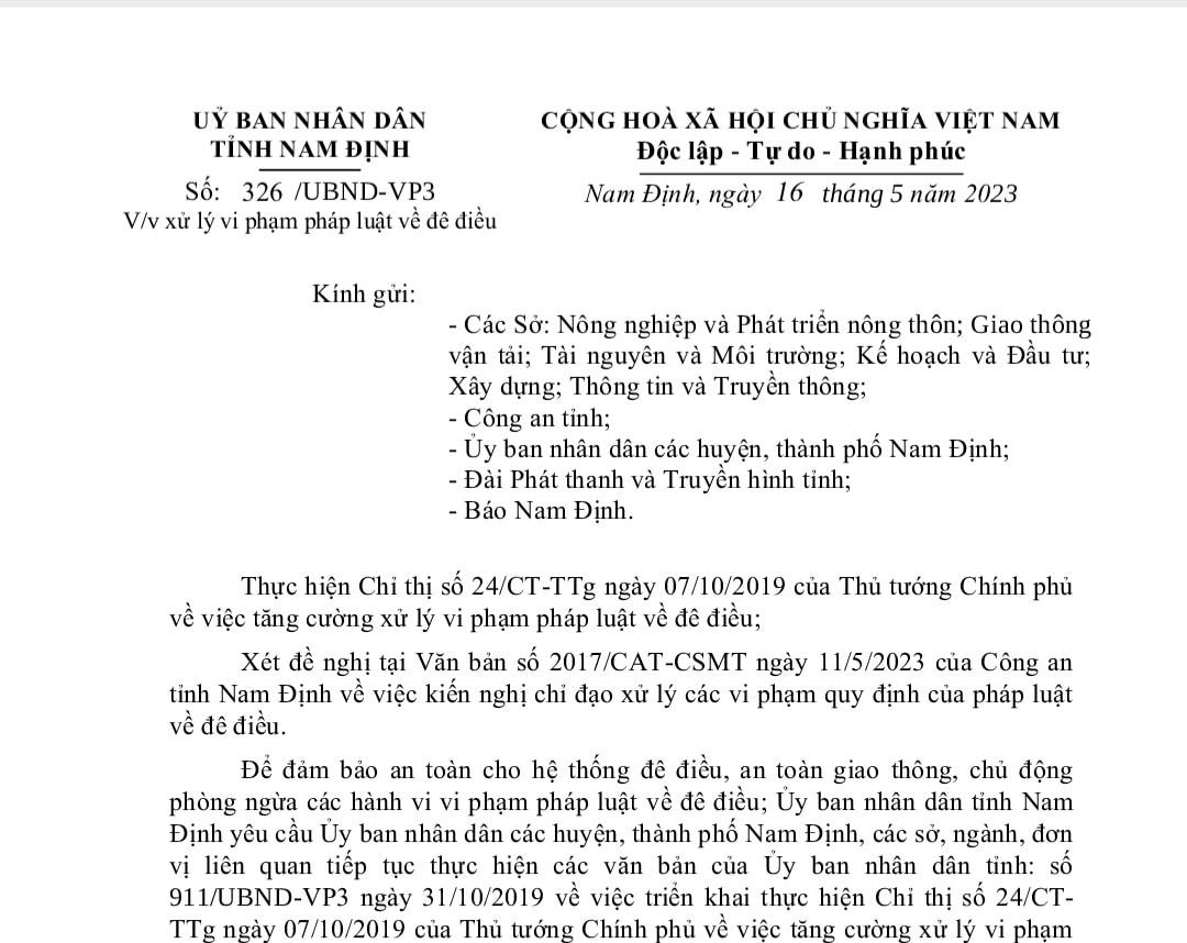 Văn bản chỉ đạo mới nhất của UBND tỉnh Nam Định liên quan công tác bảo vệ đê điều.