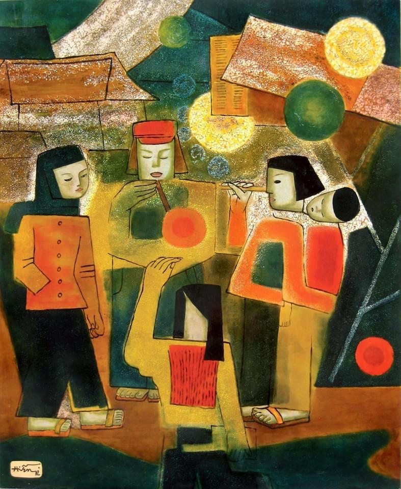 “Thổi bong bóng” - Tranh của họa sĩ Nguyễn Thị Hiền.  
