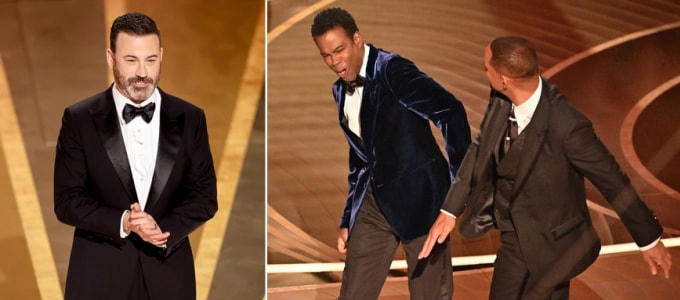 Jimmy Kimmel đá xoáy việc Will Smith nhận "cú tát" năm ngoái. Ảnh: NS.