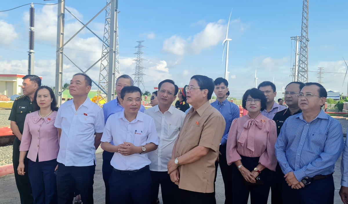 Phó Chủ tịch Quốc hội - Nguyễn Đức Hải và lãnh đạo tỉnh Bạc Liêu nghe đại diện Nhà máy điện gió Hoà Bình 5, trình bày về thi công dự án điện gió trên bờ. 