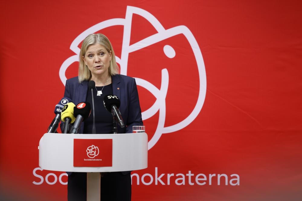 Thủ tướng Thụy Điển Magdalena Andersson trong buổi họp báo sau cuộc họp tại trụ sở Đảng Dân chủ Xã hội cầm quyền ở Stockholm, Thụy Điển.