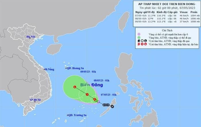 Vị trí và hướng di chuyển của áp thấp nhiệt đới.  (Nguồn: nchmf.gov.vn).