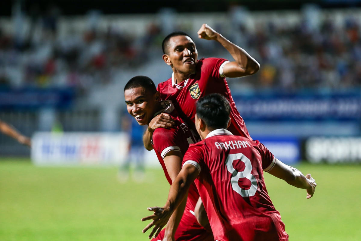 Cầu thủ U23 Indonesia ăn mừng sau khi ghi bàn vào lưới U23 Thái Lan (Ảnh: Minh Quân/Dân Trí).