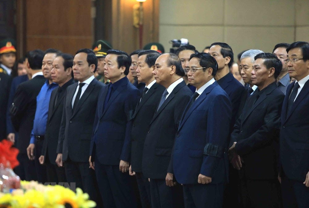 Thủ tướng Phạm Minh Chính, các lãnh đạo, nguyên lãnh đạo Đảng, Nhà nước tại Lễ Truy điệu Phó Thủ tướng Lê Văn Thành. (Ảnh: Lâm Khánh/TTXVN).