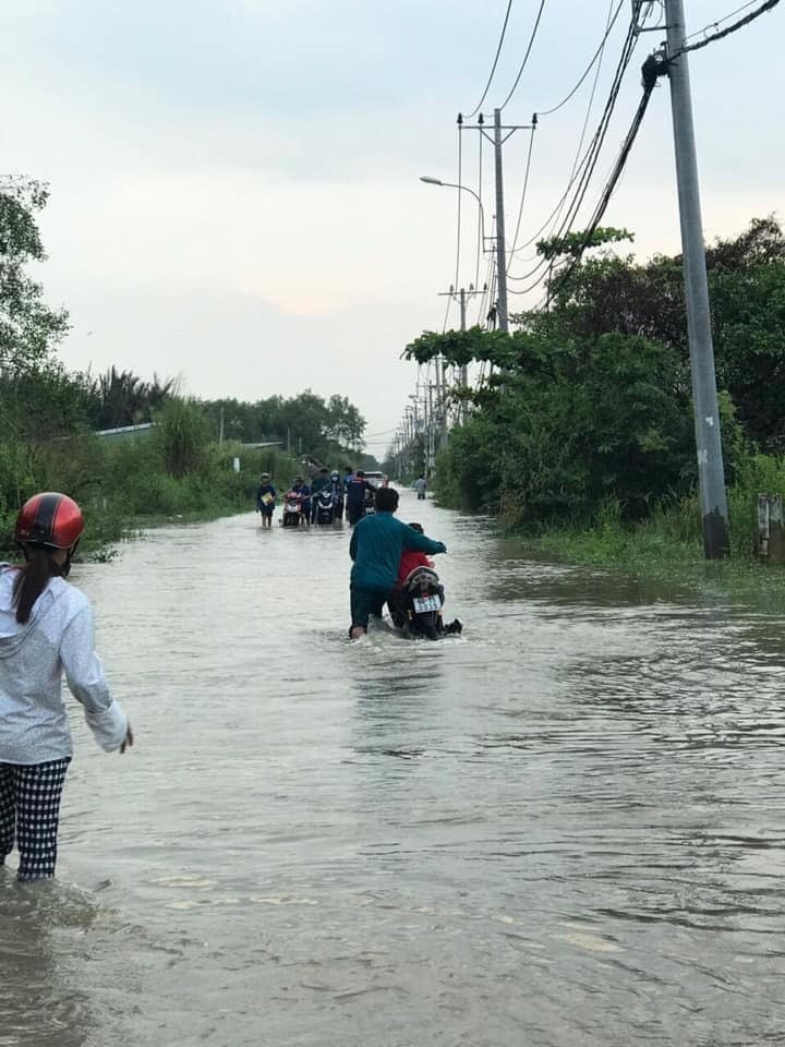 Một tuyến đường khu vực huyện Nhà Bè, TP HCM ngập úng do ảnh hưởng của đợt triều cường. (Ảnh: Hồng Phúc).