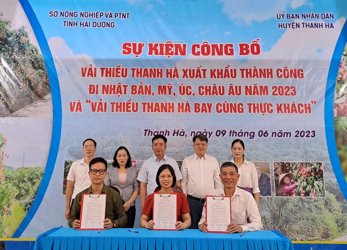 Các đại biểu ký biên bản ghi nhớ hợp tác “Vải thiều Thanh Hà bay cùng thực khách”.