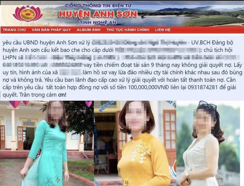 Những kẻ đòi nợ mạo danh Cổng thông tin điện tử huyện Anh Sơn gán ghép hình ảnh để vu khống bà H.và các lãnh đạo xã Cẩm Sơn.