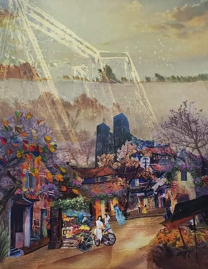 "Tôi mong về Hà Nội, để nghe gió sông Hồng thổi" - Tranh cắt vải của Thanh Thục.