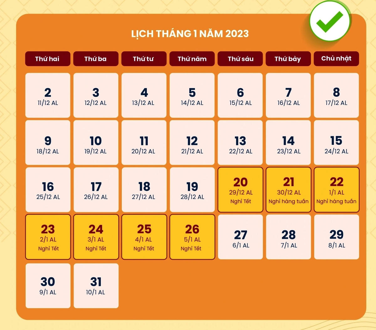 Lịch nghỉ Tết Nguyên đán 2023 đối với công chức, viên chức.