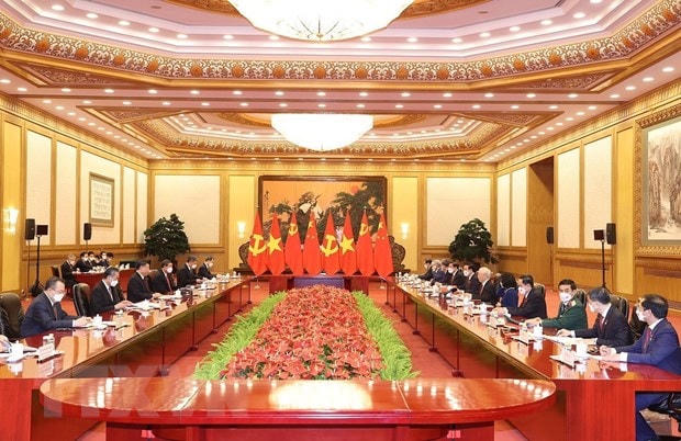 Tổng Bí thư Nguyễn Phú Trọng hội đàm với Tổng Bí thư, Chủ tịch Trung Quốc Tập Cận Bình. (Ảnh: Trí Dũng/TTXVN).