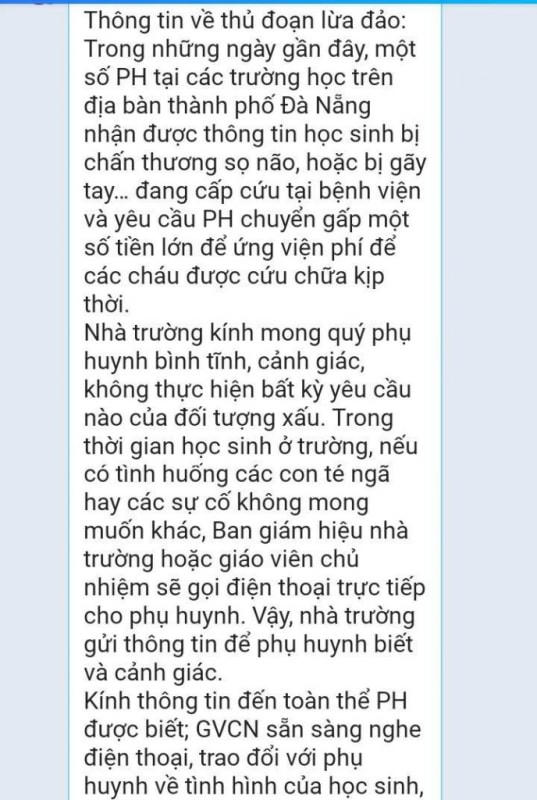 Tin nhắn cảnh báo phụ huynh của các trường học ở Đà Nẵng.