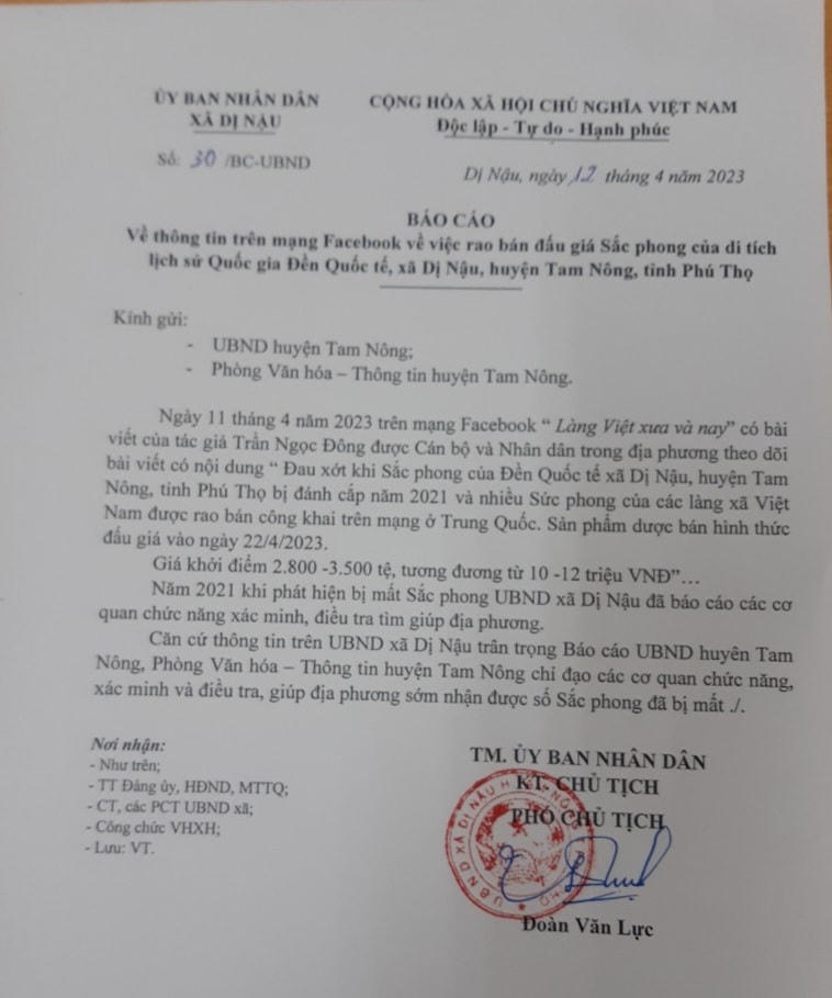 Báo cáo của UBND xã Dị Nậu về thông tin sắc phong rao bán trên mạng xã hội