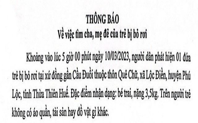 Chính quyền xã Lộc Điền thông báo tìm người thân cho cháu bé bị bỏ rơi.