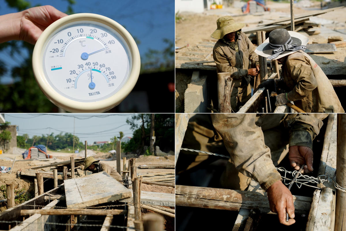 Dù nhiệt độ đo được lên đến 42 độ C, thời tiết nắng nóng nhưng những người công nhân vẫn miệt mài với công việc của mình.
