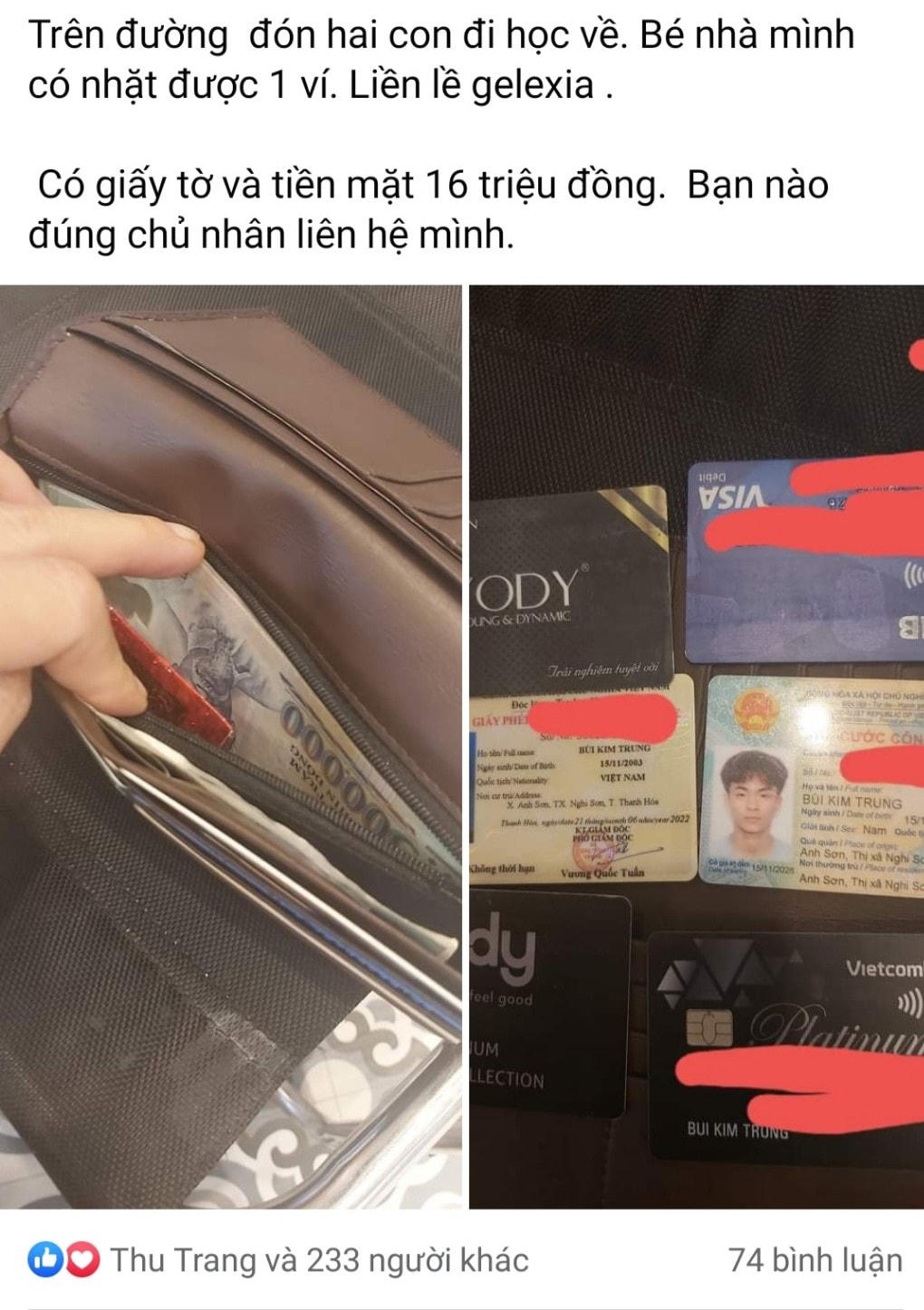 Sau khoảng 2 giờ chia sẻ thông tin, anh Trung và người nhà đã đến nhận lại ví. 