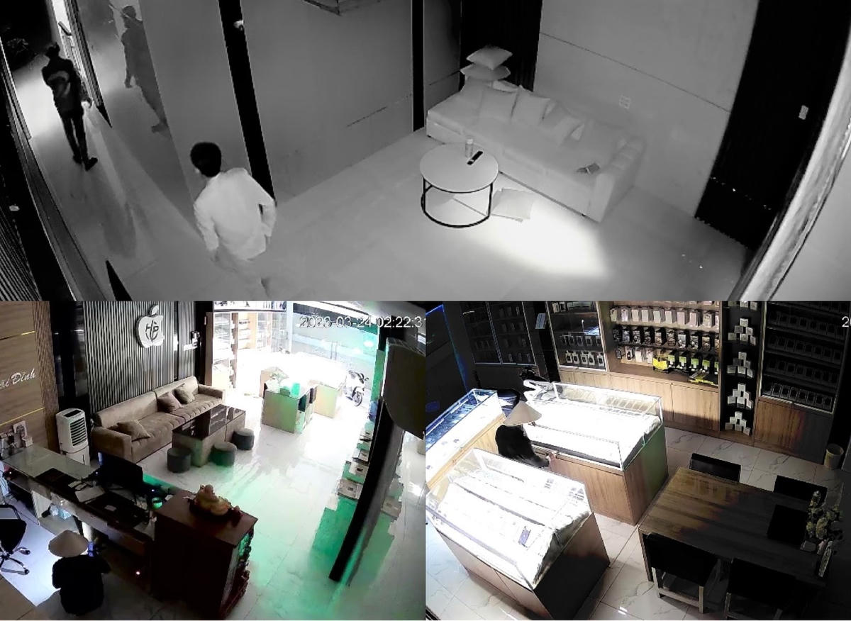 Hình ảnh hai đối tượng đột nhập cửa hàng điện thoại di động lấy trộm tài sản tổng trị giá hơn 1,5 tỷ đồng.