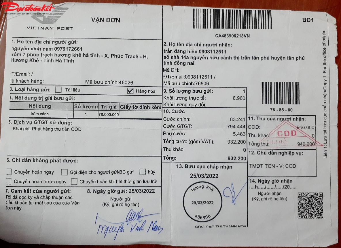 Vận đơn khi ông Nguyễn Vĩnh Nam gửi kiện hàng trầm cảnh vào tỉnh Đồng Nai.