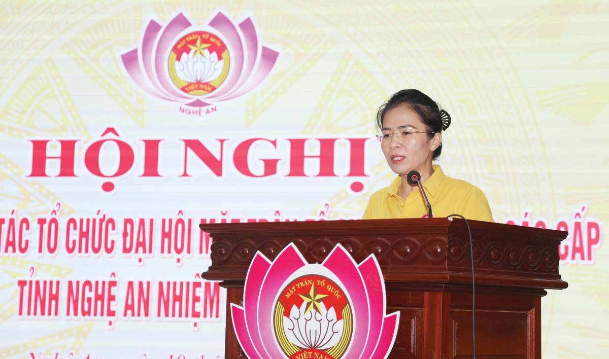 Bà Võ Thị Minh Sinh, Chủ tịch Uỷ ban MTTQ tỉnh Nghệ An phát biểu tại Hội nghị. Ảnh Điền Bắc