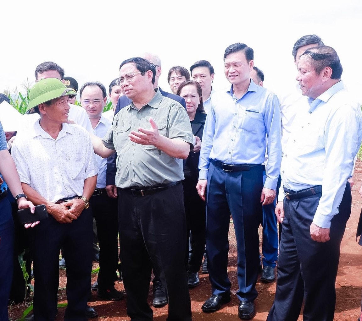 Thủ tướng Phạm Minh Chính trò chuyện với nông nhân, đối tác liên kết hỗ trợ giống, phân bón, hướng dẫn khoa học, kỹ thuật... được Tập đoàn THbao tiêu đầu ra.