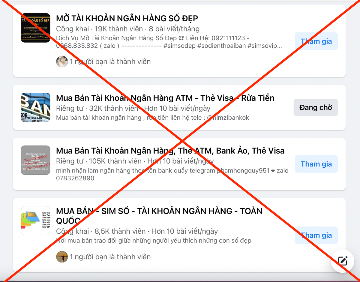 Nhiều hội nhóm trên mạng xã hội công khai mua bán, cho thuê tài khoản ngân hàng.  
