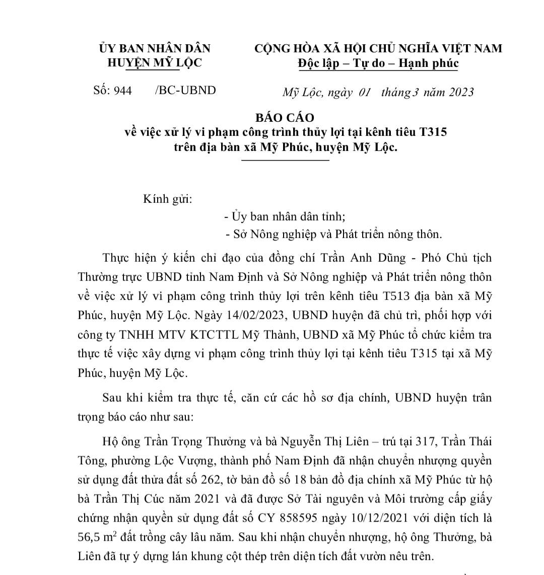 Văn bản báo cáo của UBND huyện Mỹ Lộc.