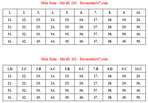 Gợi ý đáp án 24 mã đề thi Toán tốt nghiệp THPT năm 2023