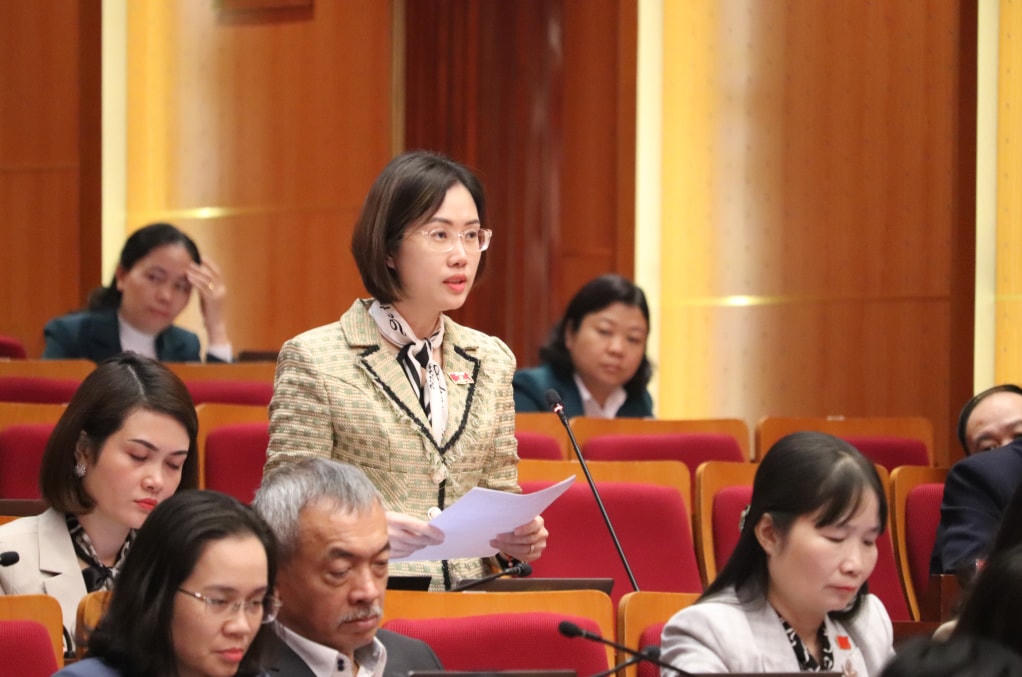 Đại biểu Trần Thị Thùy Liên, Tổ đại biểu TP Hạ Long đặt vấn đề quan tâm đến tác động của việc sử dụng đất đá thải mỏ làm vật liệu san lấp tới môi trường tự nhiên. Ảnh: QMG.