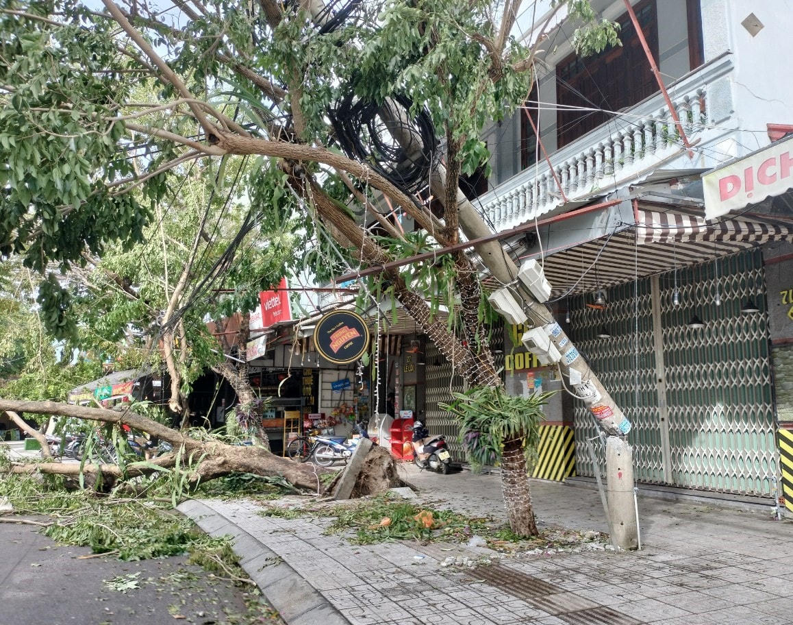 Trụ điện bị gãy đổ ở TP Tam Kỳ gây mất điện.