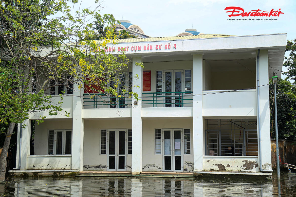 Tại khu vực sân của nhà văn hóa phường cũng bị ngập cao lênh láng nước.