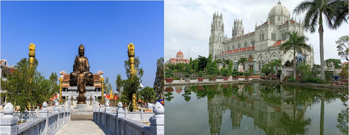 Nam Định còn được biết đến là tỉnh thuần nhất về dân tộc nhưng đa dạng về tôn giáo. Trong đó, Phật giáo có hơn 800 chùa; Công giáo có Giáo phận Bùi Chu (nằm trọn trong 6 huyện phía nam sông Đào của tỉnh), một phần Giáo phận Hà Nội. Toàn tỉnh có hơn 660 nhà thờ xứ, nhà thờ họ. Rất nhiều ngôi thánh đường trong số này được xây dựng đồ sộ về quy mô, kỳ công, tinh xảo về kiến trúc. Trong ảnh: Tượng Phật tại Trung tâm Trúc lâm Thiên Trường-Nam Định; Đền Thánh Kiên Lao (xã Xuân Tiến, huyện Xuân Trường).