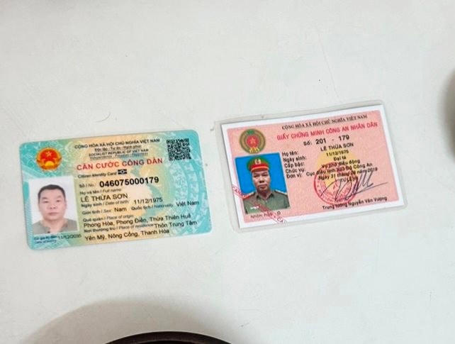 Căn cước công dân và thẻ ngành công an giả mang cấp hàm đại tá của Lê Thừa Sơn. Ảnh: Công an Đà Nẵng.