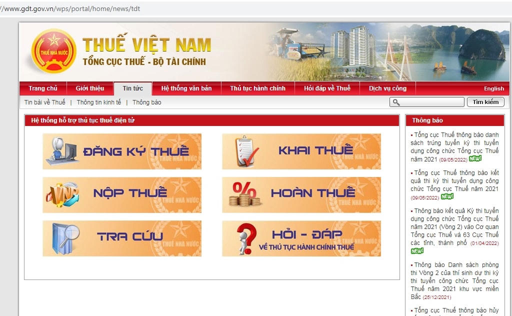 Giao diện đăng kí thuế online. Ảnh chụp màn hình.