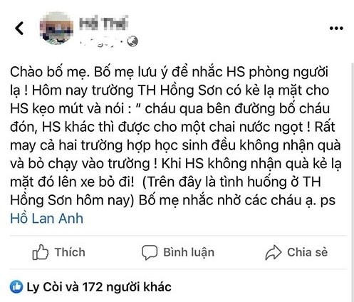 Nhiều phụ huynh trên địa bàn TP Vinh chia sẻ hiện tượng bắt cóc trên MXH.