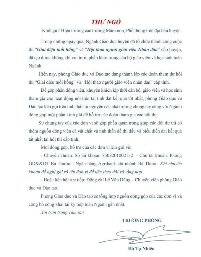 Bức thư ngỏ xin kinh phí từ các trường học do ông Hà Tự Nhiên - Trưởng phòng GDĐT ký