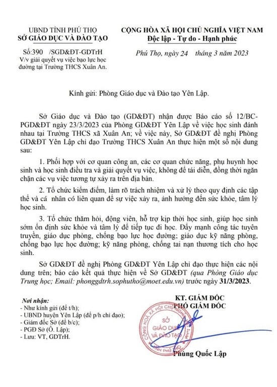 Công văn chỉ đạo của Sở Giáo dục và Đào tạo tỉnh Phú Thọ.