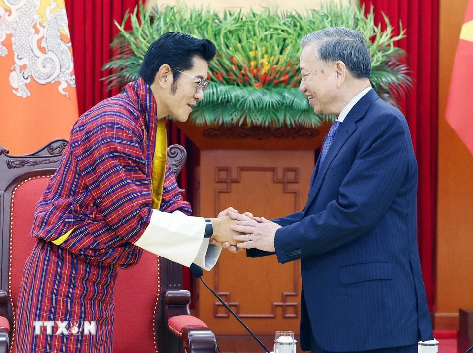 Tổng Bí thư Tô Lâm tiếp Quốc vương Bhutan Jigme Khesar Namgyel Wangchuck. (Ảnh: Thống Nhất/TTXVN)