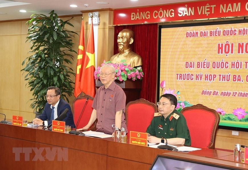 Tổng Bí thư Nguyễn Phú Trọng phát biểu tại Hội nghị tiếp xúc cử tri quận Đống Đa, Ba Đình, Hai Bà Trưng. (Ảnh: Trí Dũng/TTXVN).