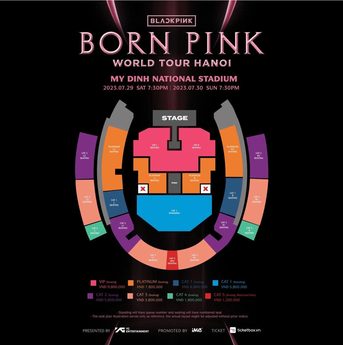Sơ đồ chỗ ngồi và giá vé concert của BLACKPINK tại SVĐ Mỹ Đình. Ảnh: BTC.