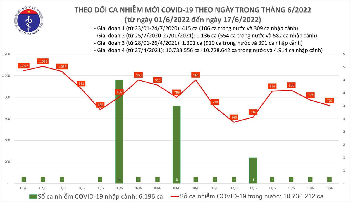 Biểu đồ số ca mắc Covid-19 tại Việt Nam tính đến chiều ngày 17/6.