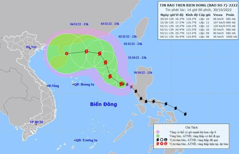 Vị trí và hướng di chuyển của bão số 7. (Nguồn: nchmf.gov.vn).