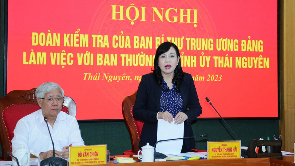 Bí thư Tỉnh ủy Thái Nguyên Nguyễn Thanh Hải phát biểu tại buổi làm việc. Ảnh: Hồng Tâm.