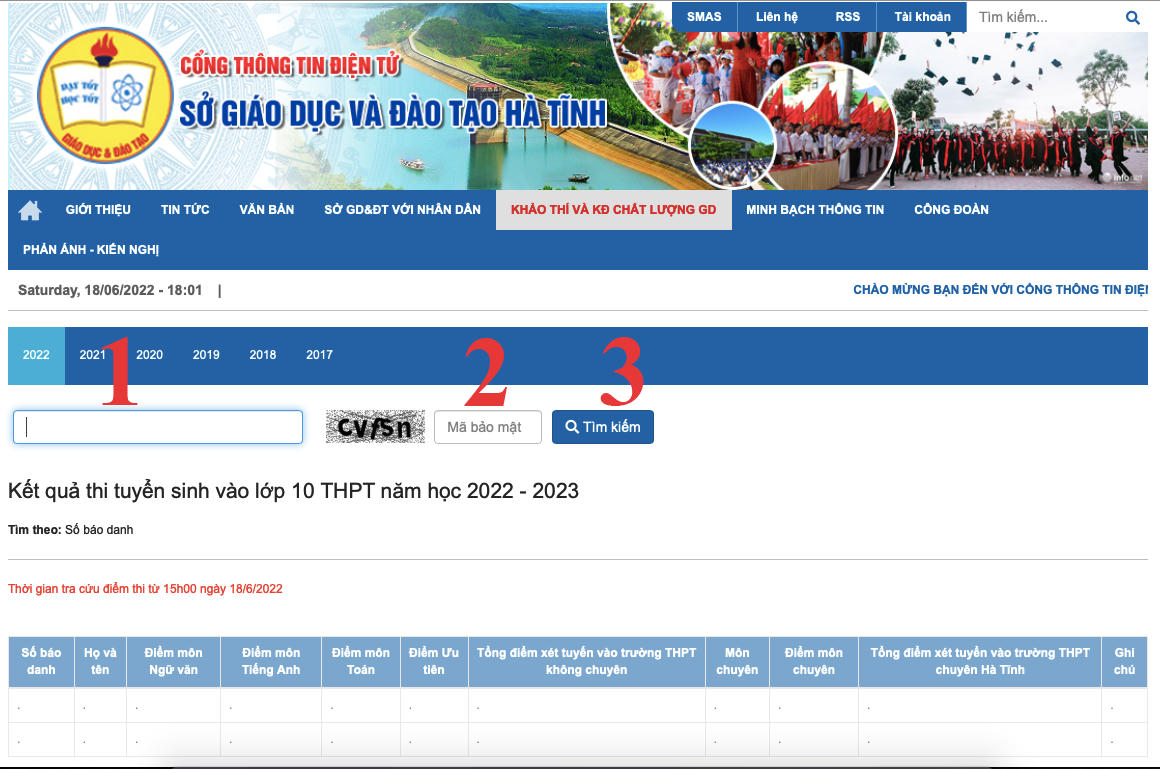 Thí sinh nhập SBD (nhập đủ 6 ký tự), nhập mã bảo mật, sau đó bấm “Tìm kiếm” .