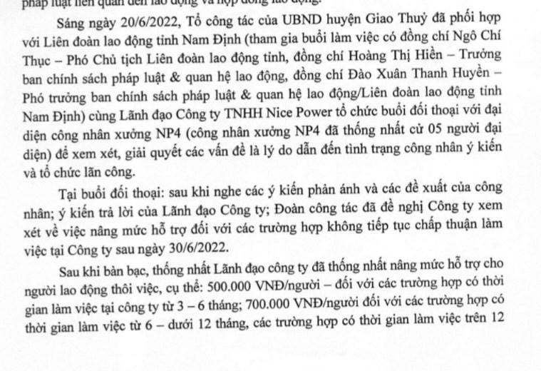 Một đoạn trong văn bản báo cáo sự việc của UBND huyện Giao Thủy.