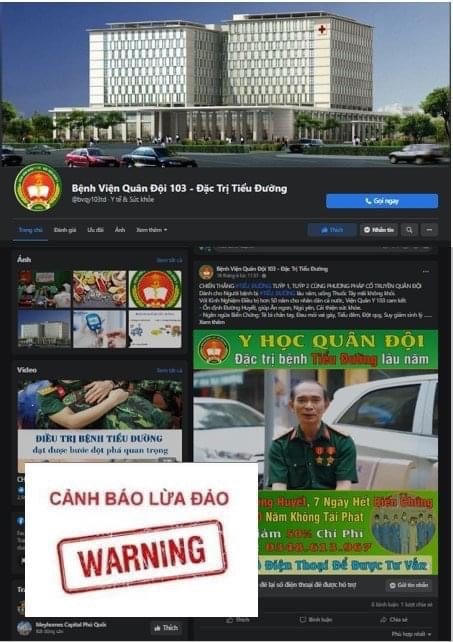 Hàng loạt trang Facebook mạo danh Bệnh viện 103 với mục đích bán thực phẩm chức năng.