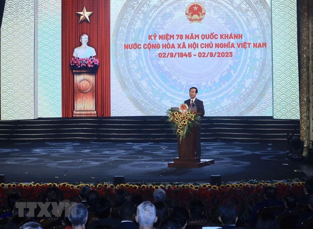 Chủ tịch nước Võ Văn Thưởng đọc diễn văn. (Ảnh: Lâm Khánh/TTXVN).