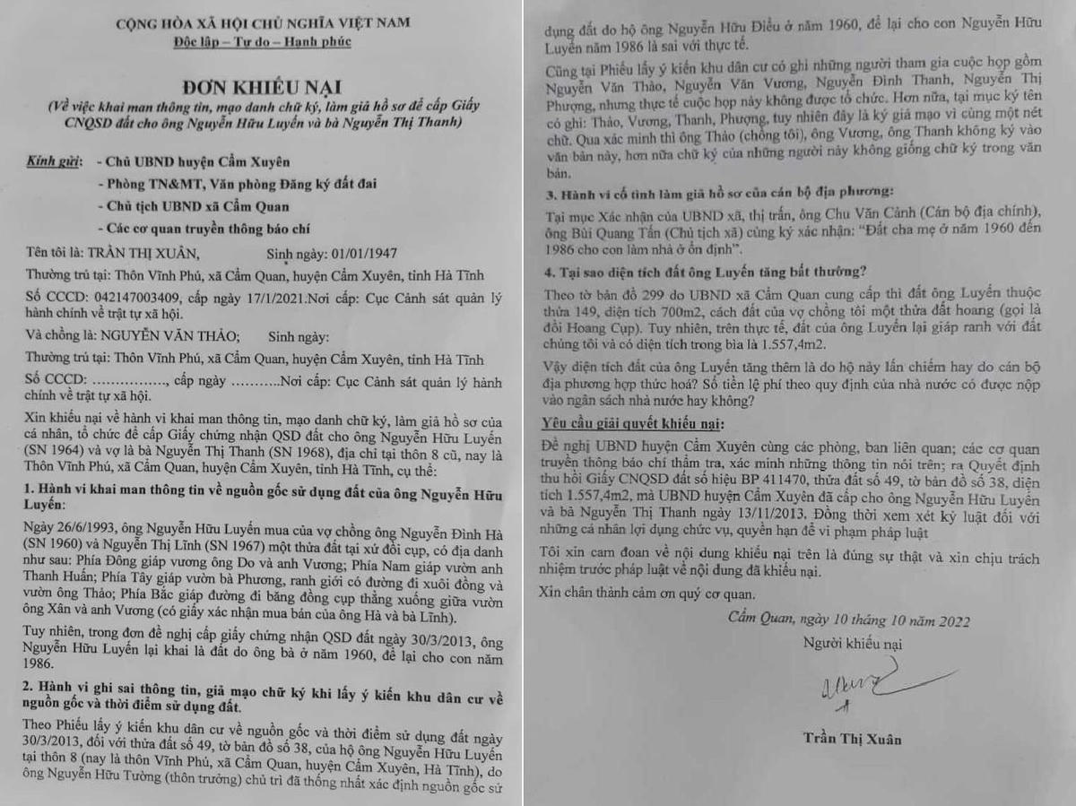 Đơn khiếu nại của bà Trần Thị Xuân gửi các cơ quan chức năng..