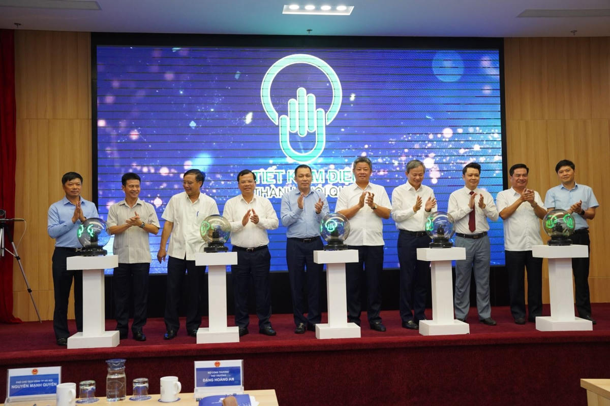 Các đại biểu thực hiện nghi thức phát động phong trào tiết kiệm điện năm 2023.