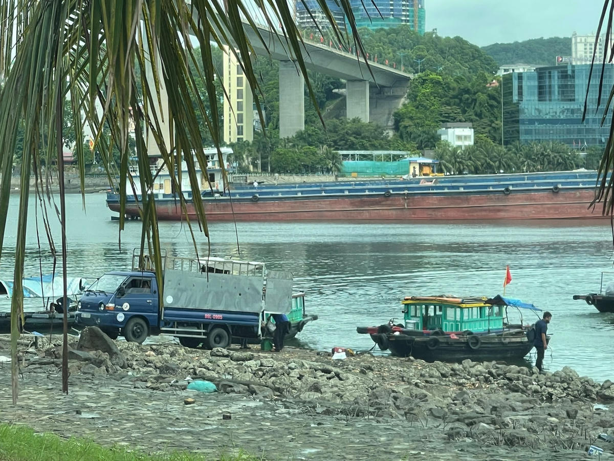 Bốc xếp hàng hóa tại khu vực bến tự phát dưới chân cầu Bãi Cháy.