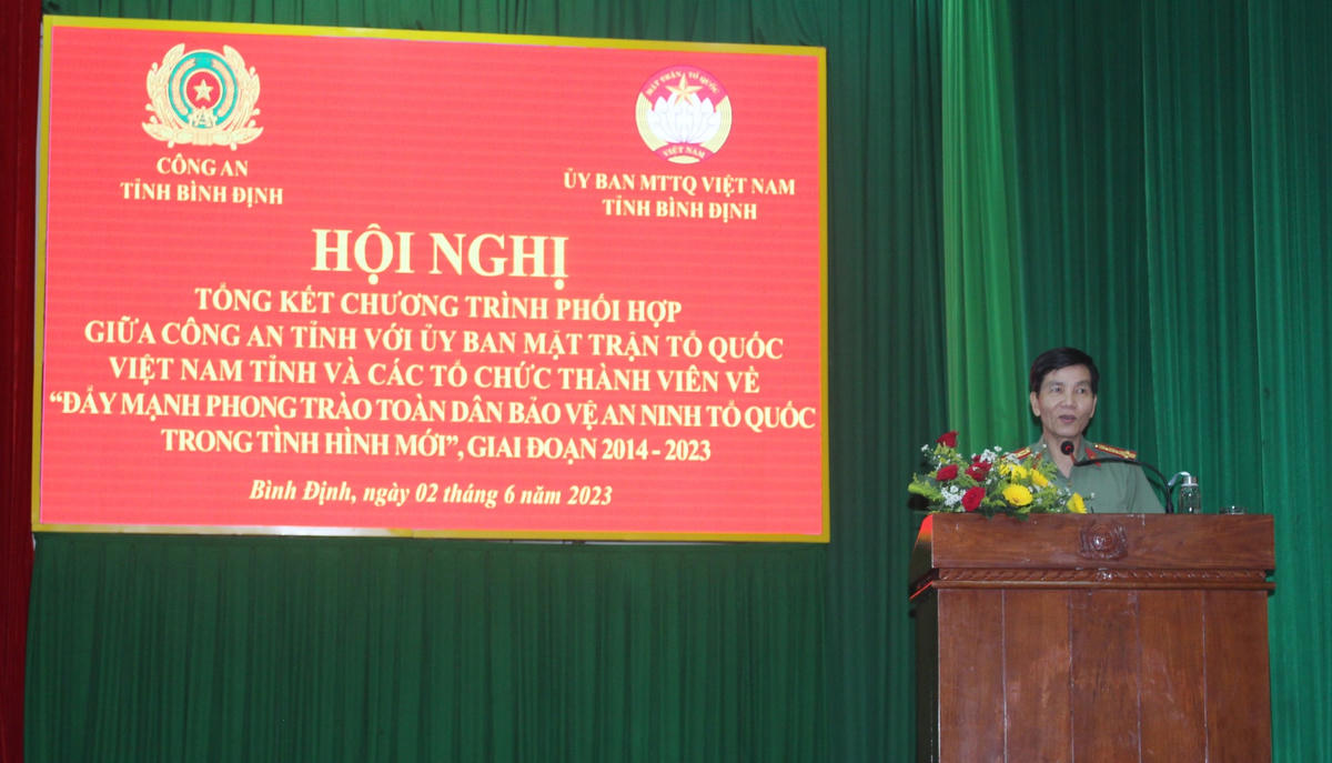 Giám đốc Công an tỉnh Bình Định Võ Đức Nguyện phát biểu  tại Hội nghị.